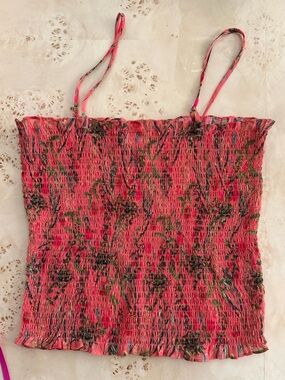 Smocked Coral Floral Cami Top with Adjustable Straps